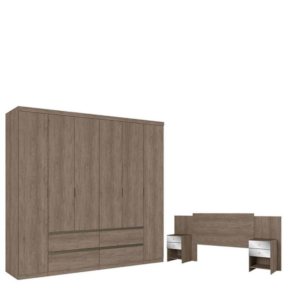 Guarda Roupa Casal Nobre 6 PortasRustic Acetinado ECabeceira Com Mesas De Cabeceira Formosa Glass Rustic- Thb