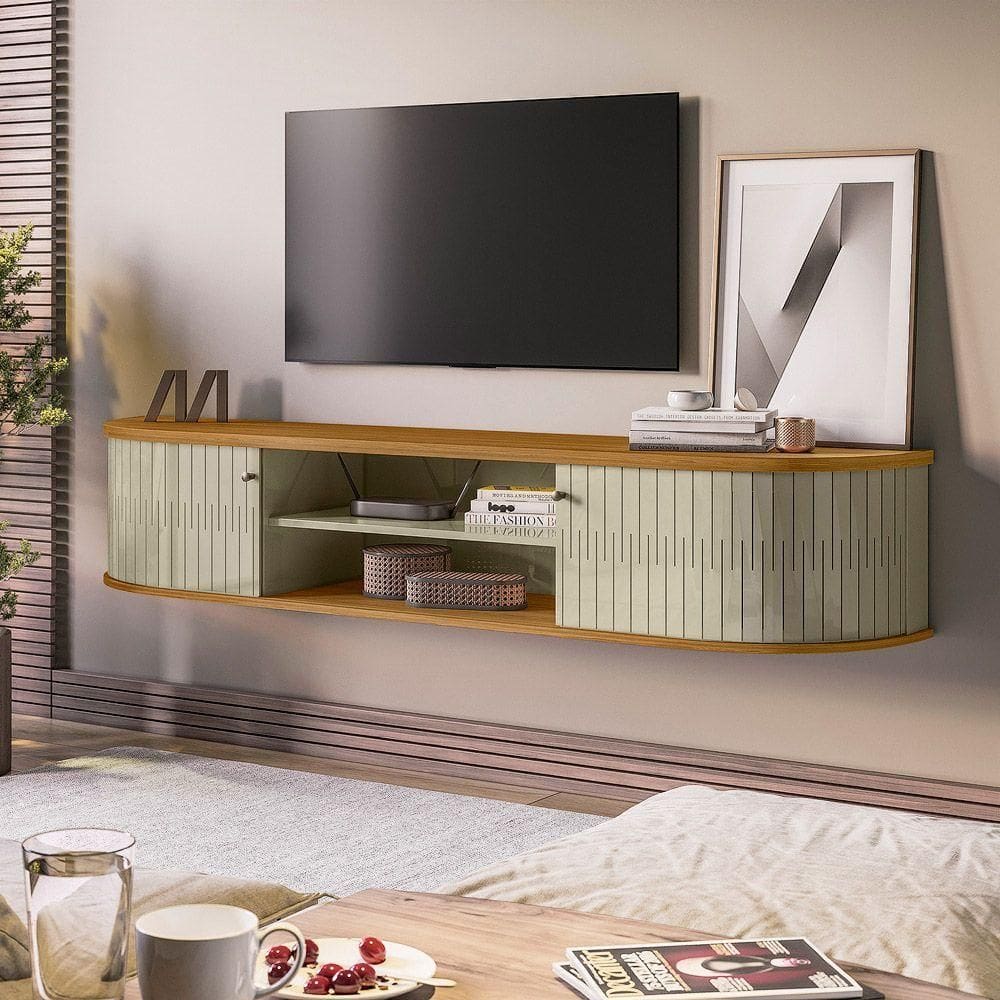 Rack Tv 75 Pol 183cm Bancada Suspenso Ripado Aurenzo M20 - D`rossi Cor Cumaru E Opala