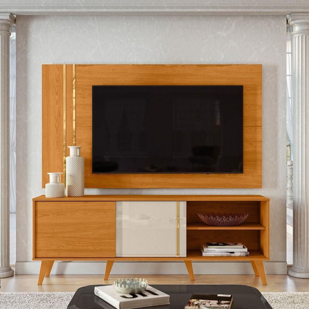 Painel Tv 60 Pol 160cm Com Rack Bancada Para Sala Hylon M20 - D`rossi Cor Cinamomo E Off White