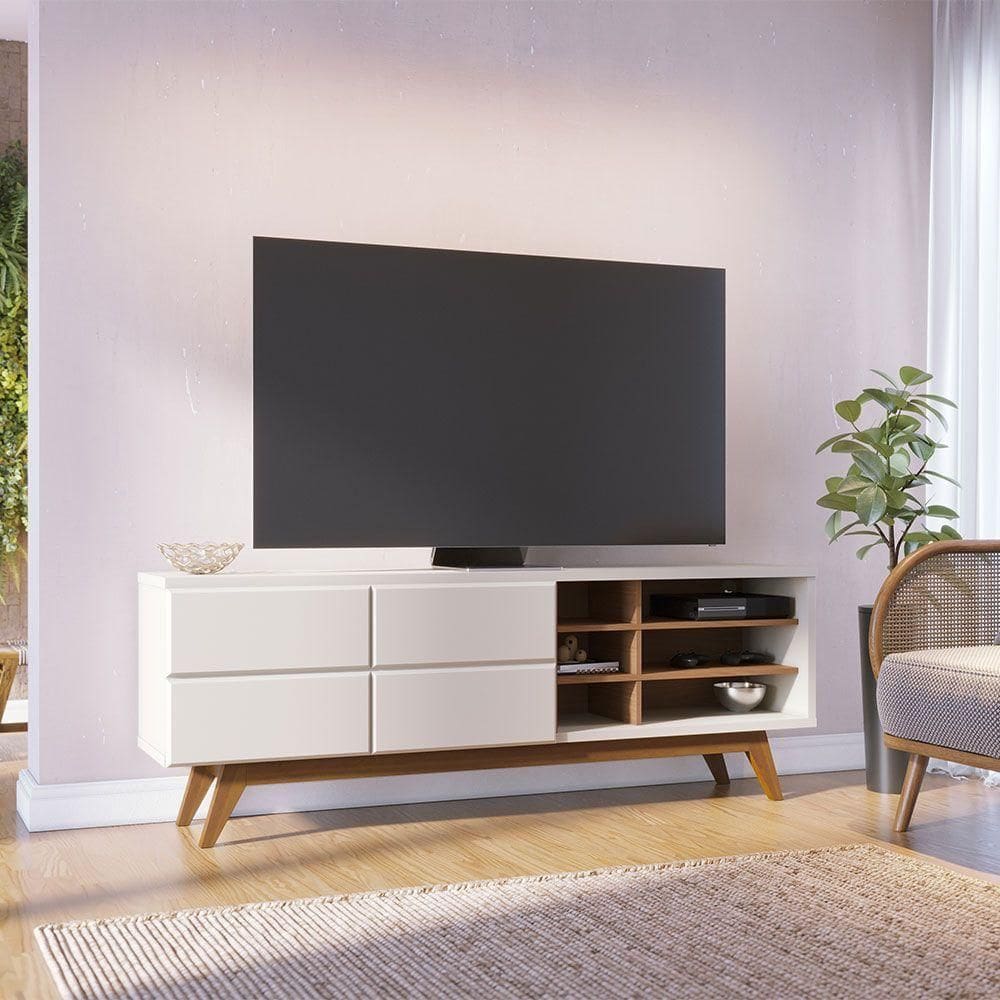 Rack Para Sala Bancada De Tv 70 Pol 180cm Cinthia C04 - D`rossi Cor Preto Fosco E Noce Milano