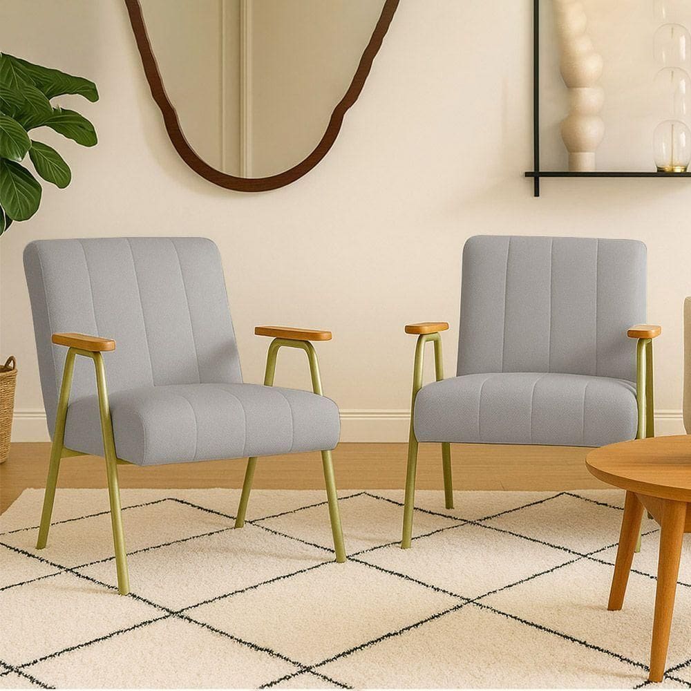 Poltrona Sala Decorativa Industrial Dourado Kit 2 Laurita Linho K01 - D`rossi Cor Cinza