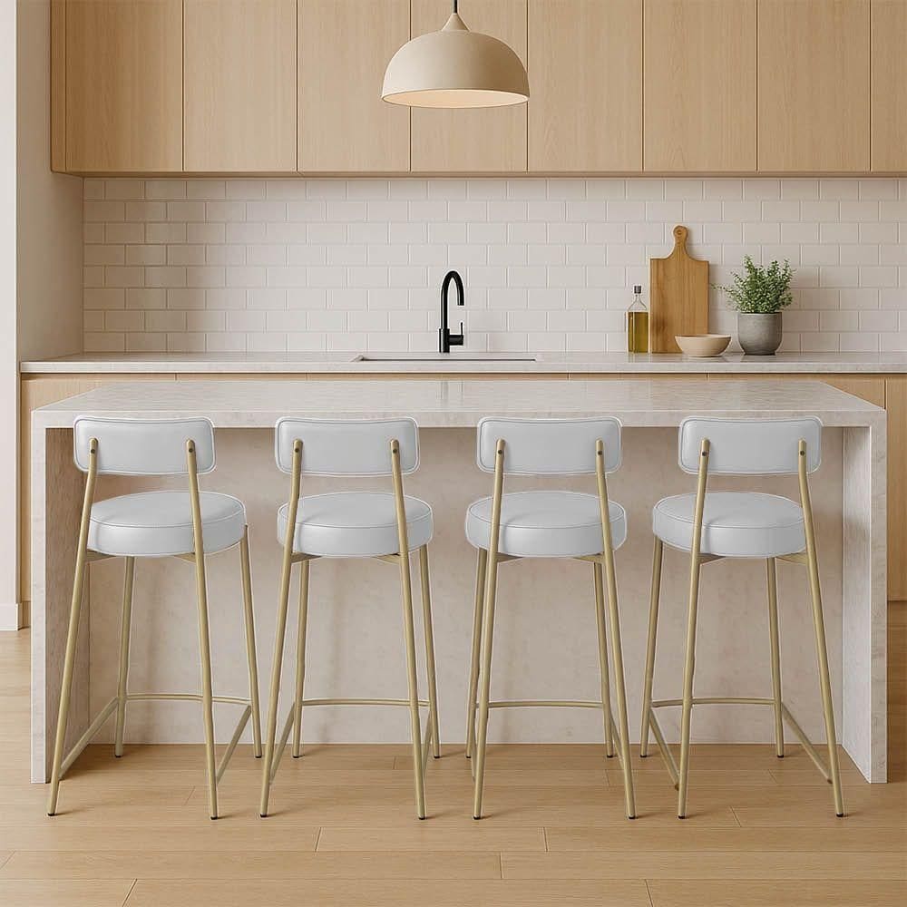 Banqueta Cozinha Alta Com Encosto Industrial Champanhe Kit 4 Londres Pu Branco D03 - D`rossi