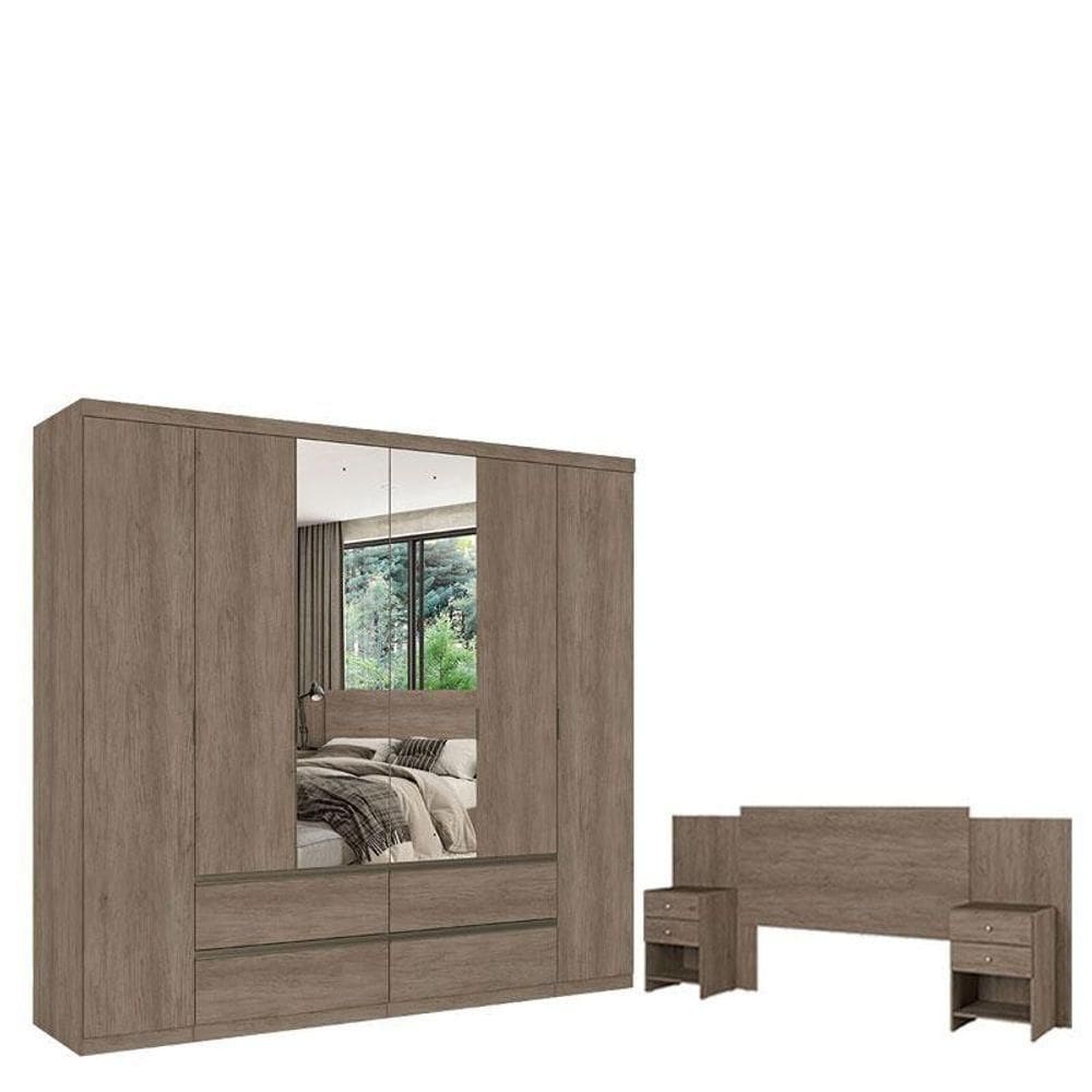 Guarda Roupa Casal Nobre 6 Portas GlassRustic Acetinado ECabeceira Com Mesas De Cabeceira Formosa Rustic- Thb