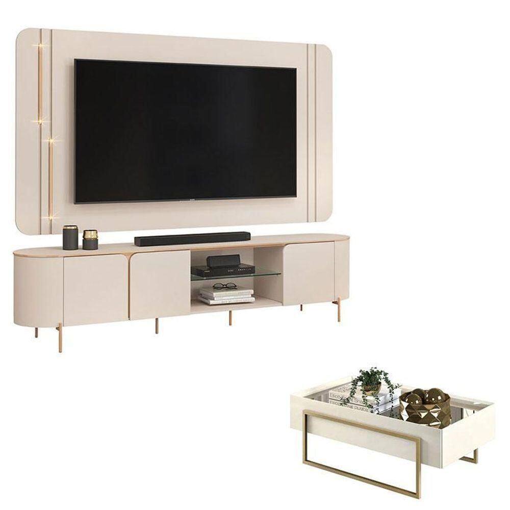 Rack Bancada Com Painel Ariana E Mesa De Centro Petri Off White – Dj Móveis