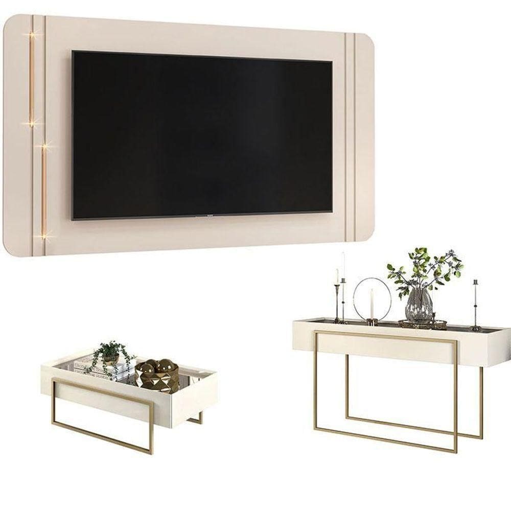 Painel Para Tv Suspenso Ariana Com Aparador Para Sala Petri E Mesa De Centro Petri Off White – Dj Móveis