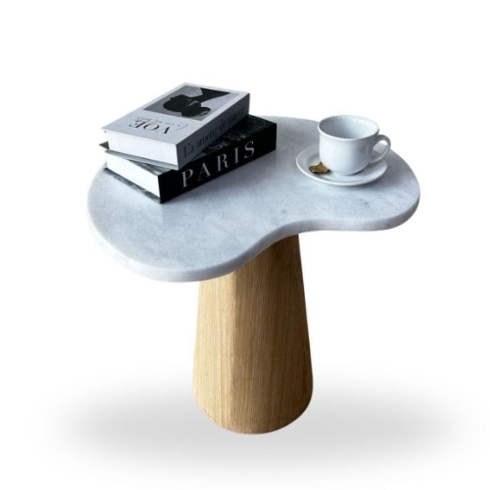 Mesa Lateral Cone Orgânica 41cm Mármore Espirito Santo E Madeira