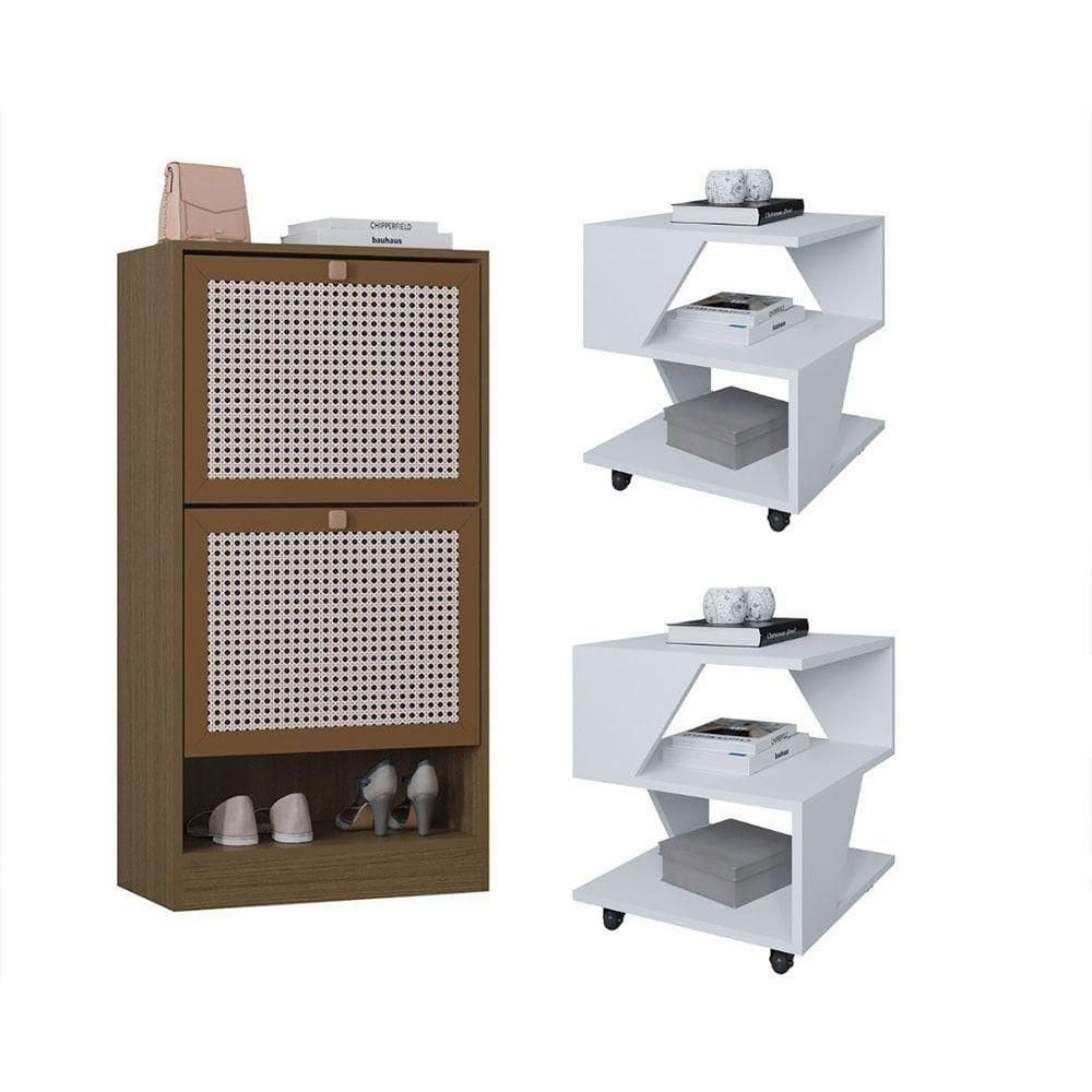 Kit Sapateira 2 Portas E 2 Mesas De Cabeceira-centro Poquema Branco-carvalho