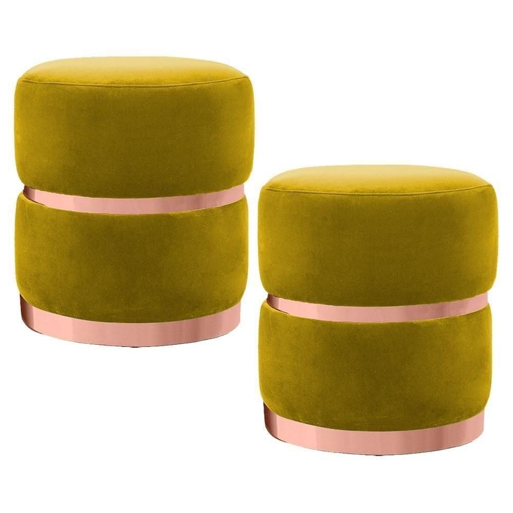 Kit 2 Puffs Decorativos Com Cinto E Aro Rosê Round C-279 Veludo Amarelo - Domi
