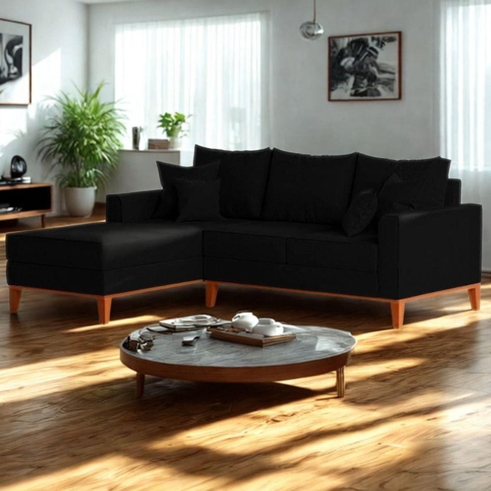 Sofá 3 Lugares Beny Com Chaise Esquerdo Corino Preto