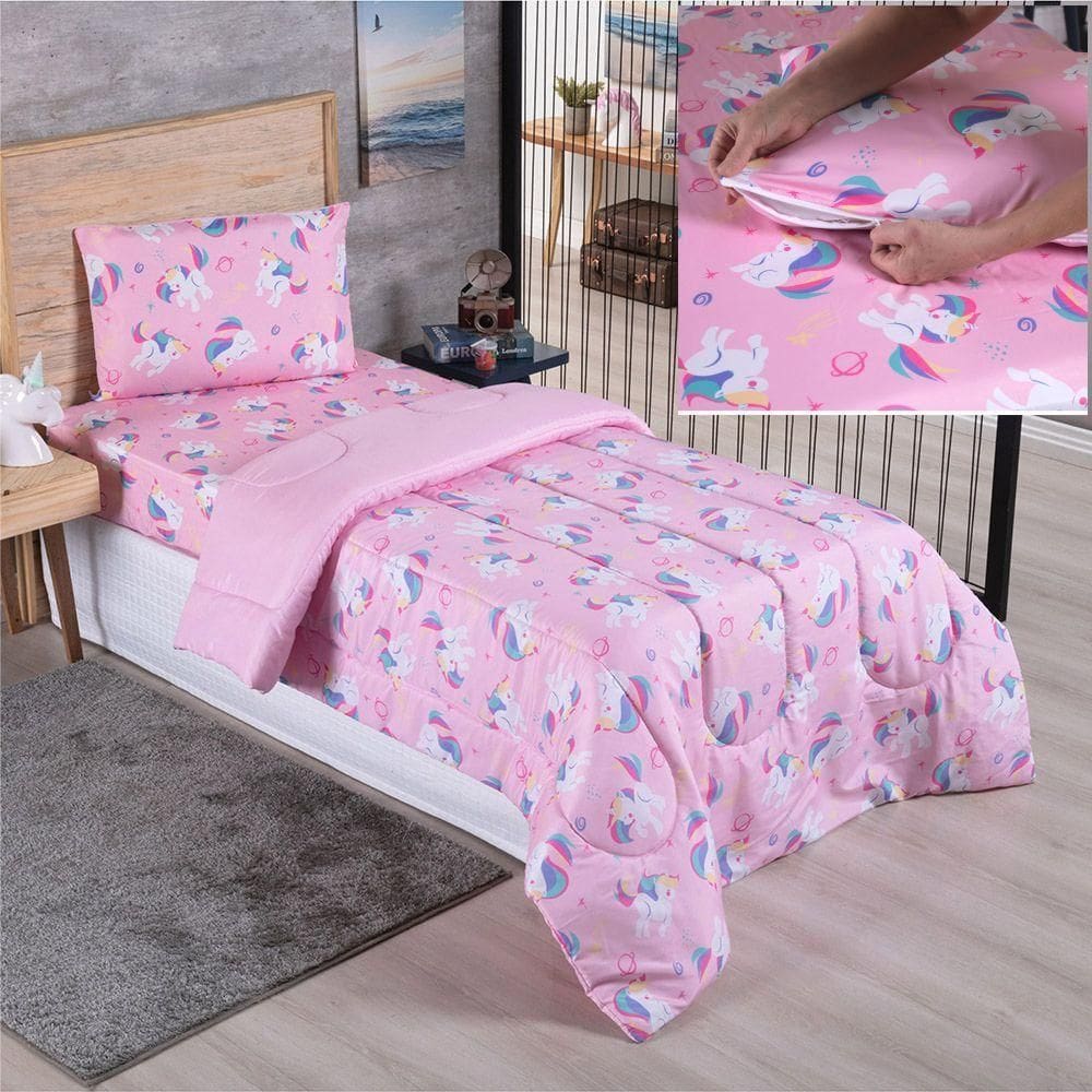 Kit Coordenado Edredom Com Lençol Solteiro Alegria - Unicórnio - 100% Poliéster