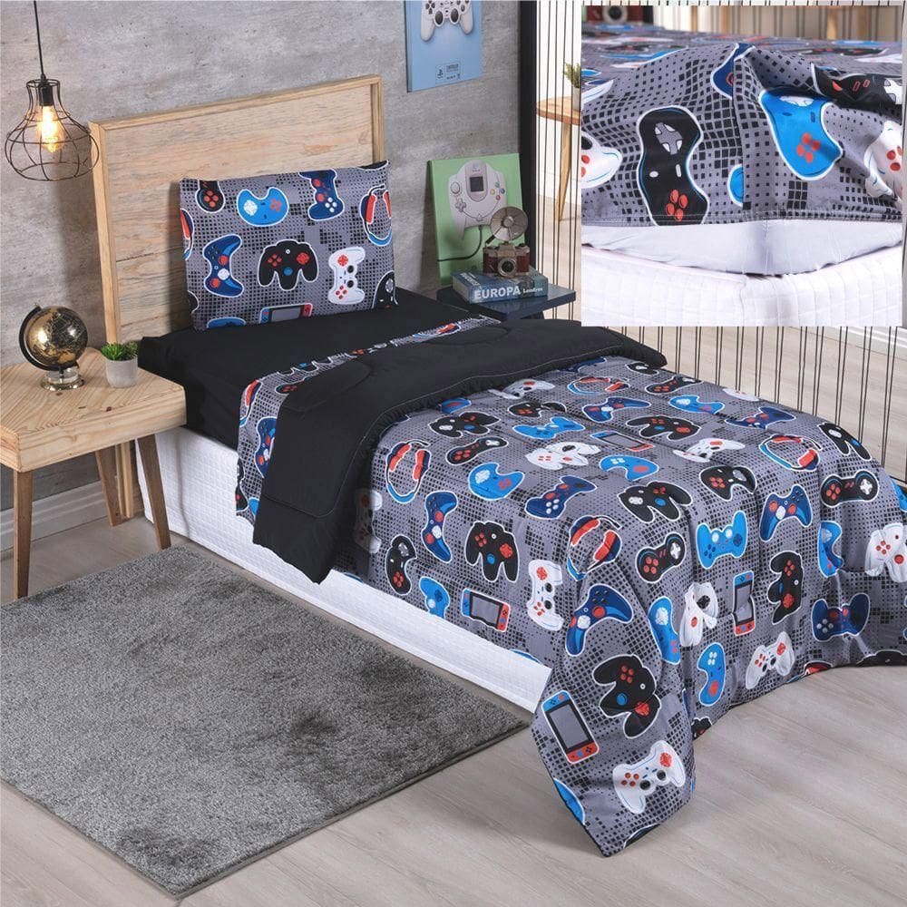 Kit Coordenado Edredom Com Lençol Solteiro Alegria - Play Game - 100% Poliéster