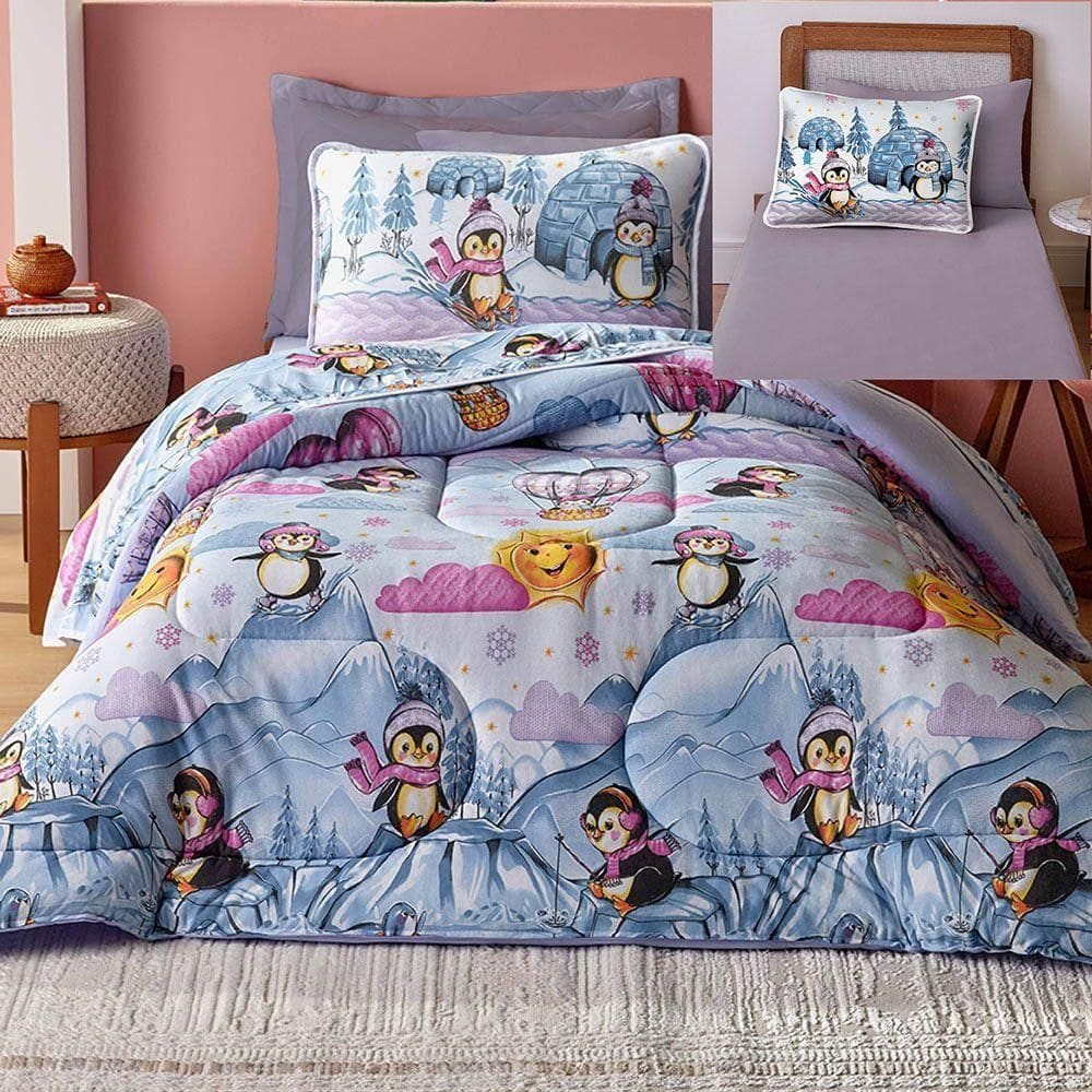 Kit Coordenado Edredom Com Lençol Solteiro Mymo - Pinguim - 100% Algodão