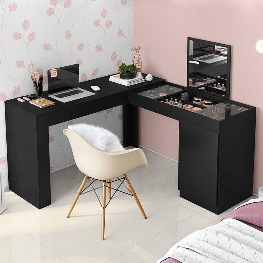 Escrivaninha Penteadeira Canto Star Com Nichos E Painel Com Espelho Fixo E Vidro De Correr ? Preto Fosco
