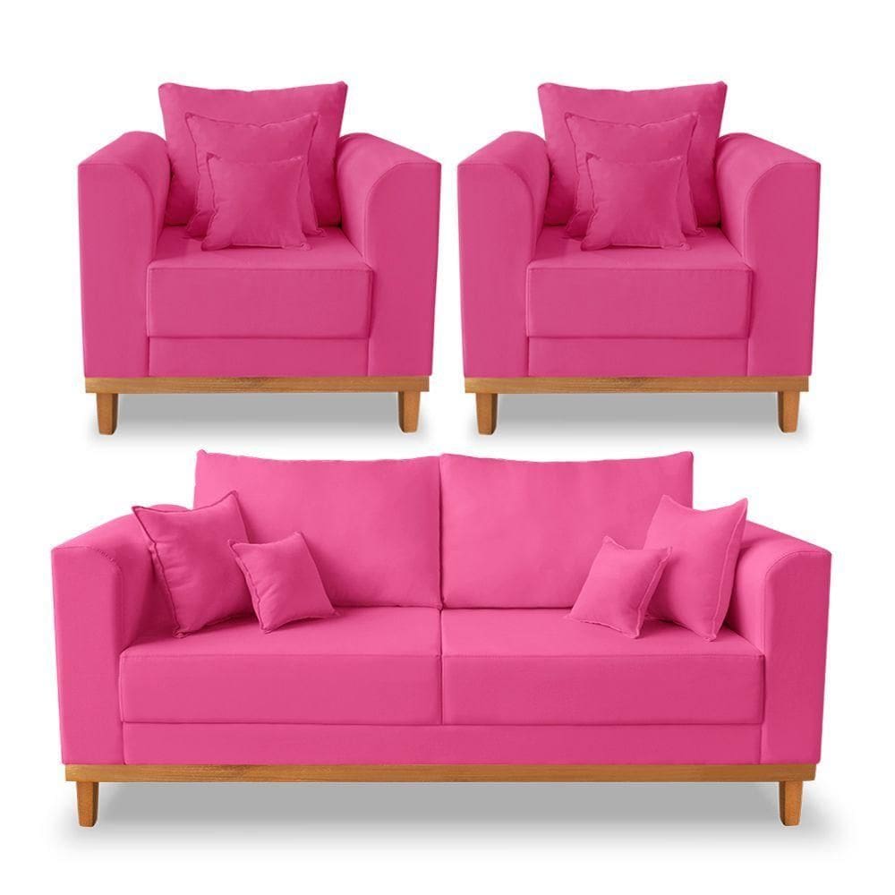 Kit Sofá 3 Lugares E 2 Poltronas Beny Viena Suede Rosa