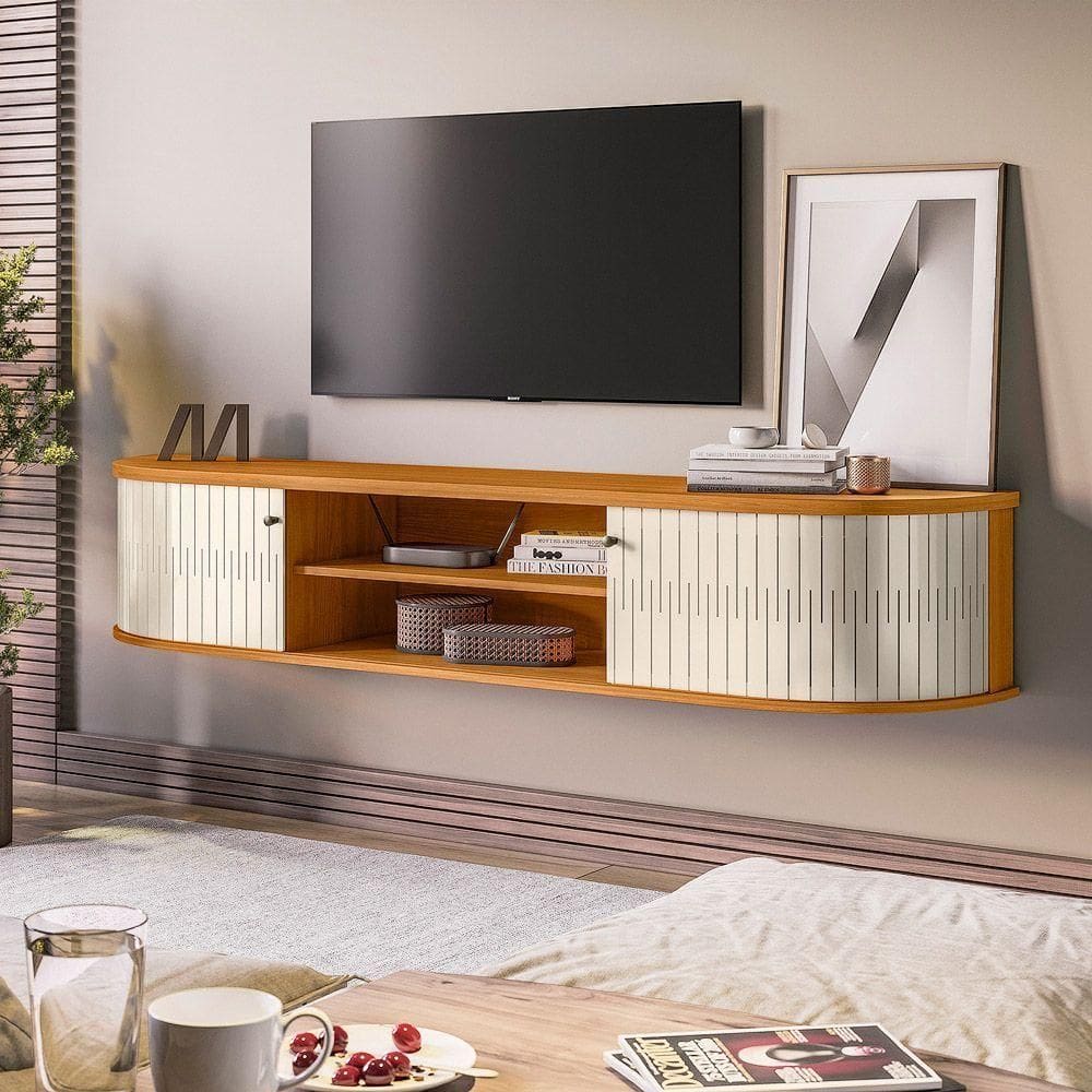 Rack Tv 75 Pol 183cm Bancada Suspenso Ripado Aurenzo Cinamomo-off White M20 - D`rossi