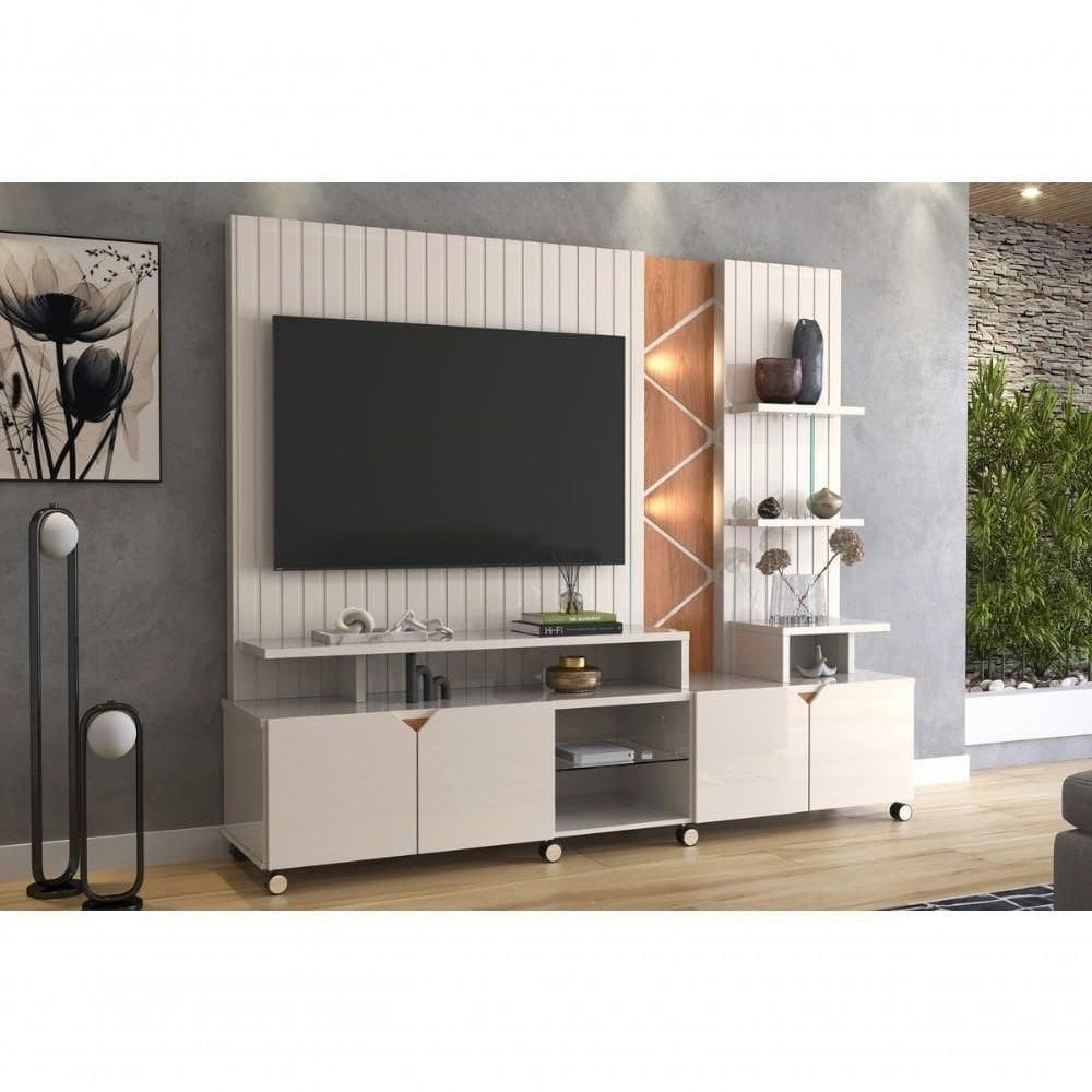 Home Belfast Frisado Painel Para Tvs Até 55 Polegas Com 4 Portas E Prateleiras Off White Perolizado Jequitiba
