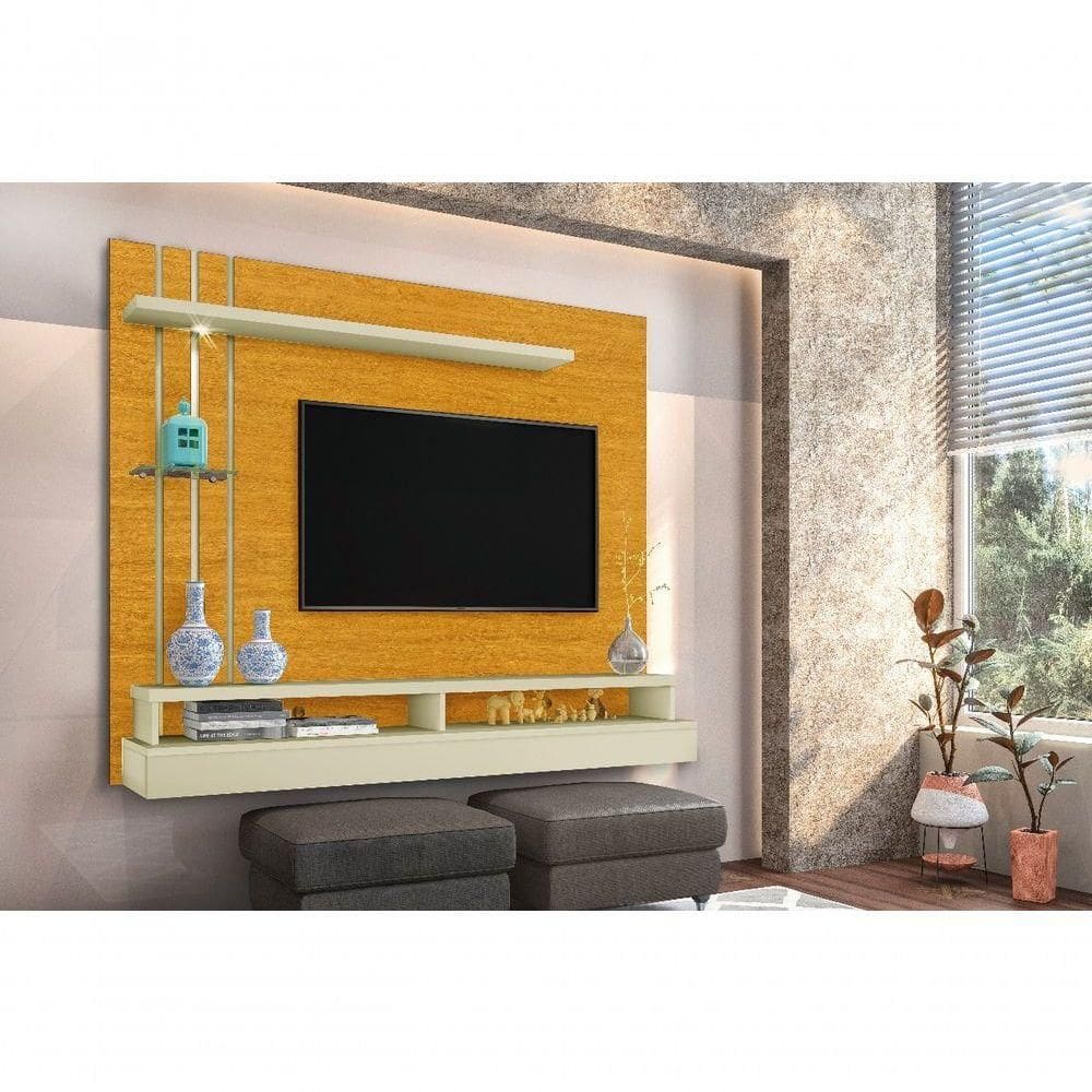 Painel Tv Eros 55 Polegadas 135x160cmprateleira Vidro Nichos Naturale/Off White