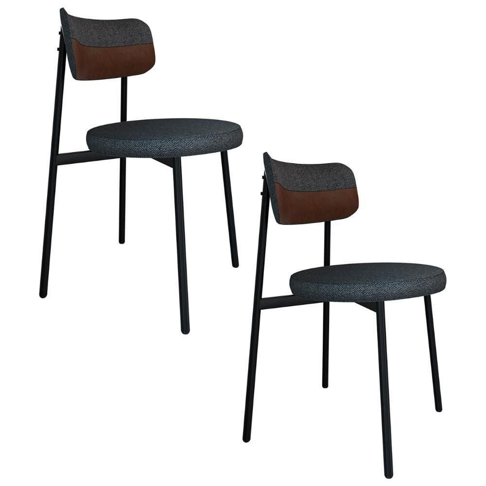 Cadeira De Jantar Estofada Kit 2 Nyka M25 Linho Grafite/marrom - Mpozenato