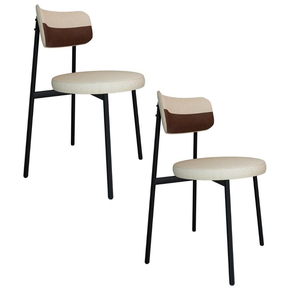 Cadeira De Jantar Estofada Kit 2 Nyka M25 Linho Areia/marrom - Mpozenato