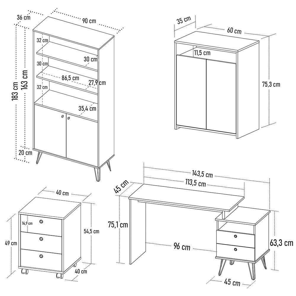 Conjunto Escritório Home Office 4 Peças Lux | Ponto
