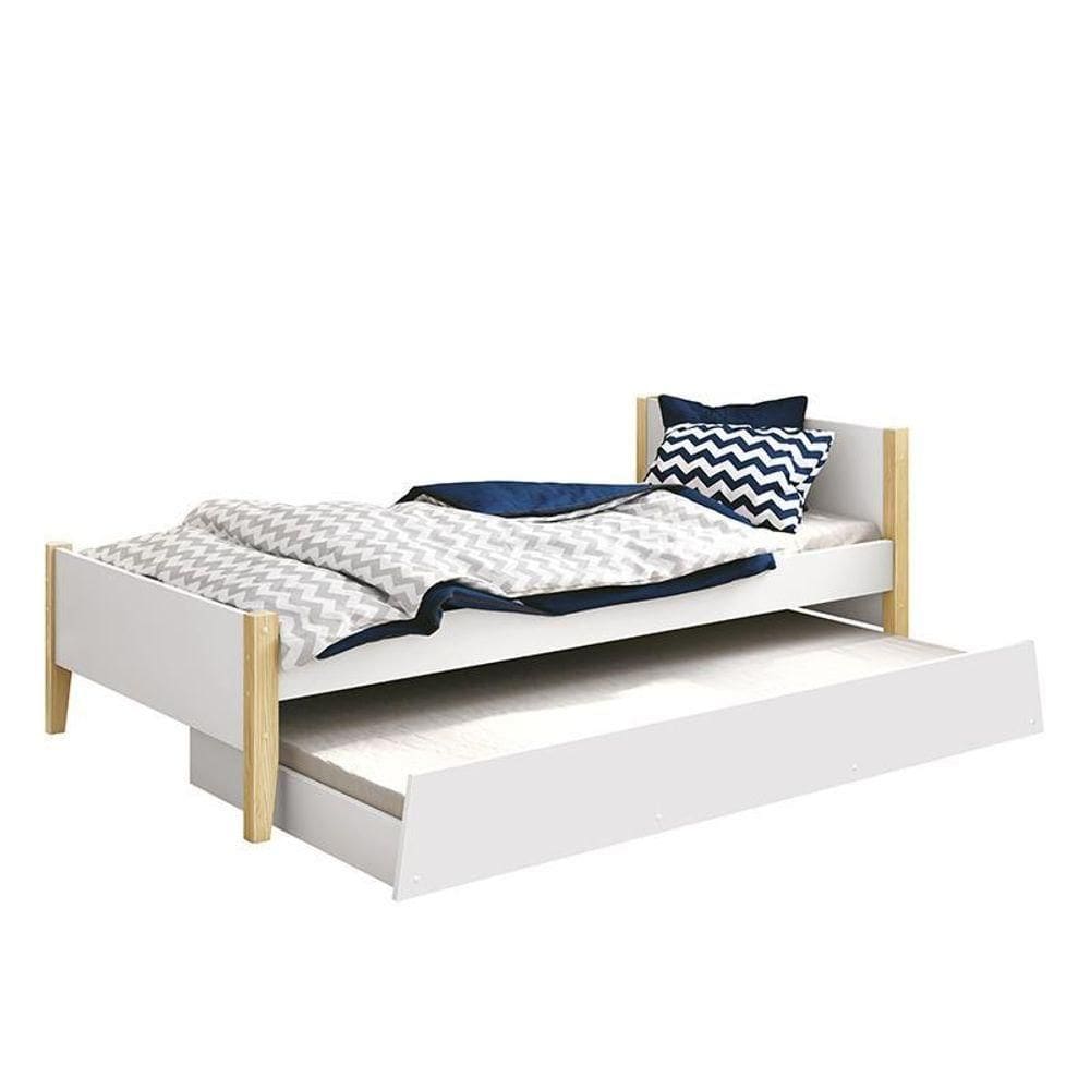 Bicama Solteiro Simba Branco Fosco Com Pés Madeira Natural- Reller Móveis Branco Fosco