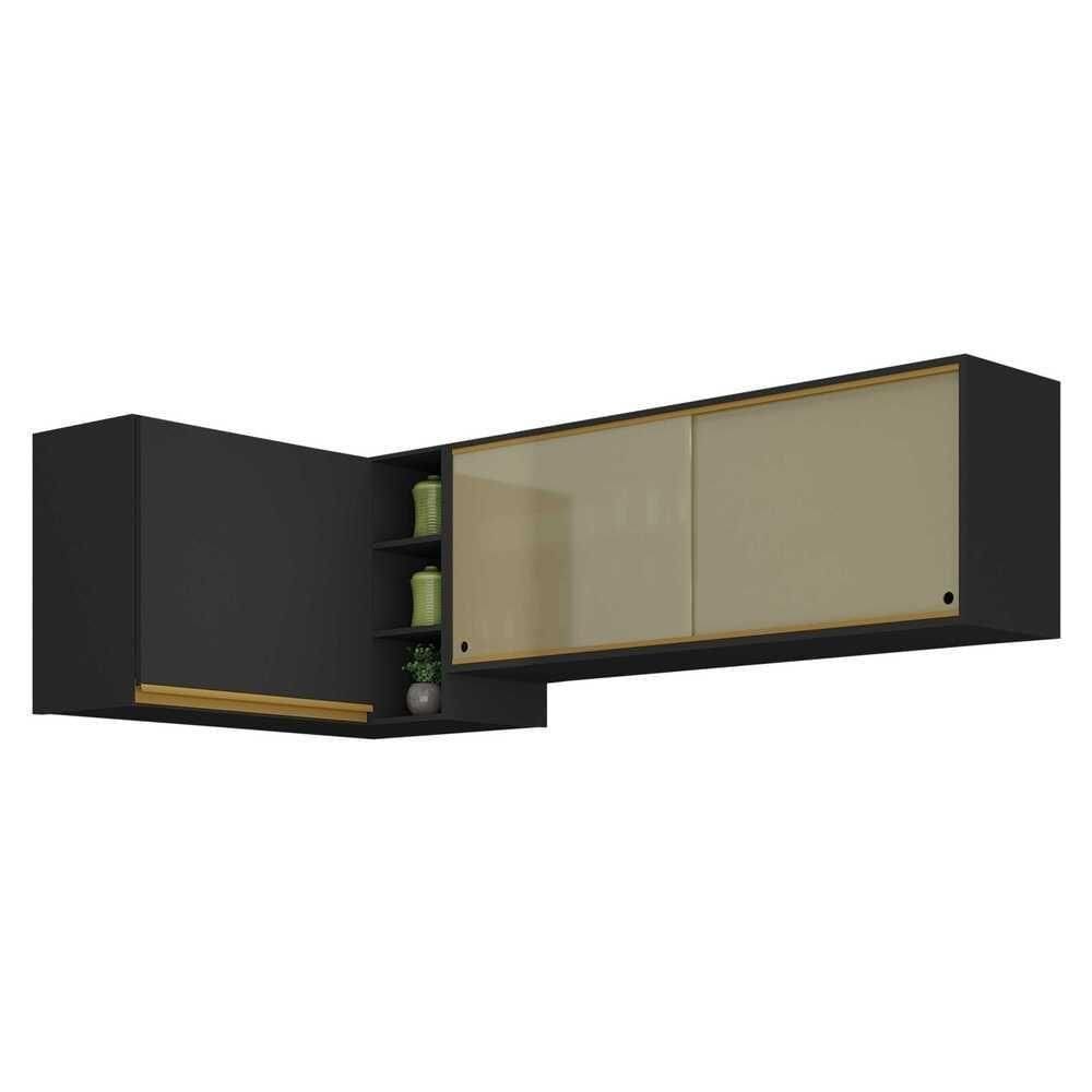 Kit Armário De Cozinha Aéreo Canto 90cm E Aéreo 120cm Veneza Multimóveis Mp2147 Preto-dourado