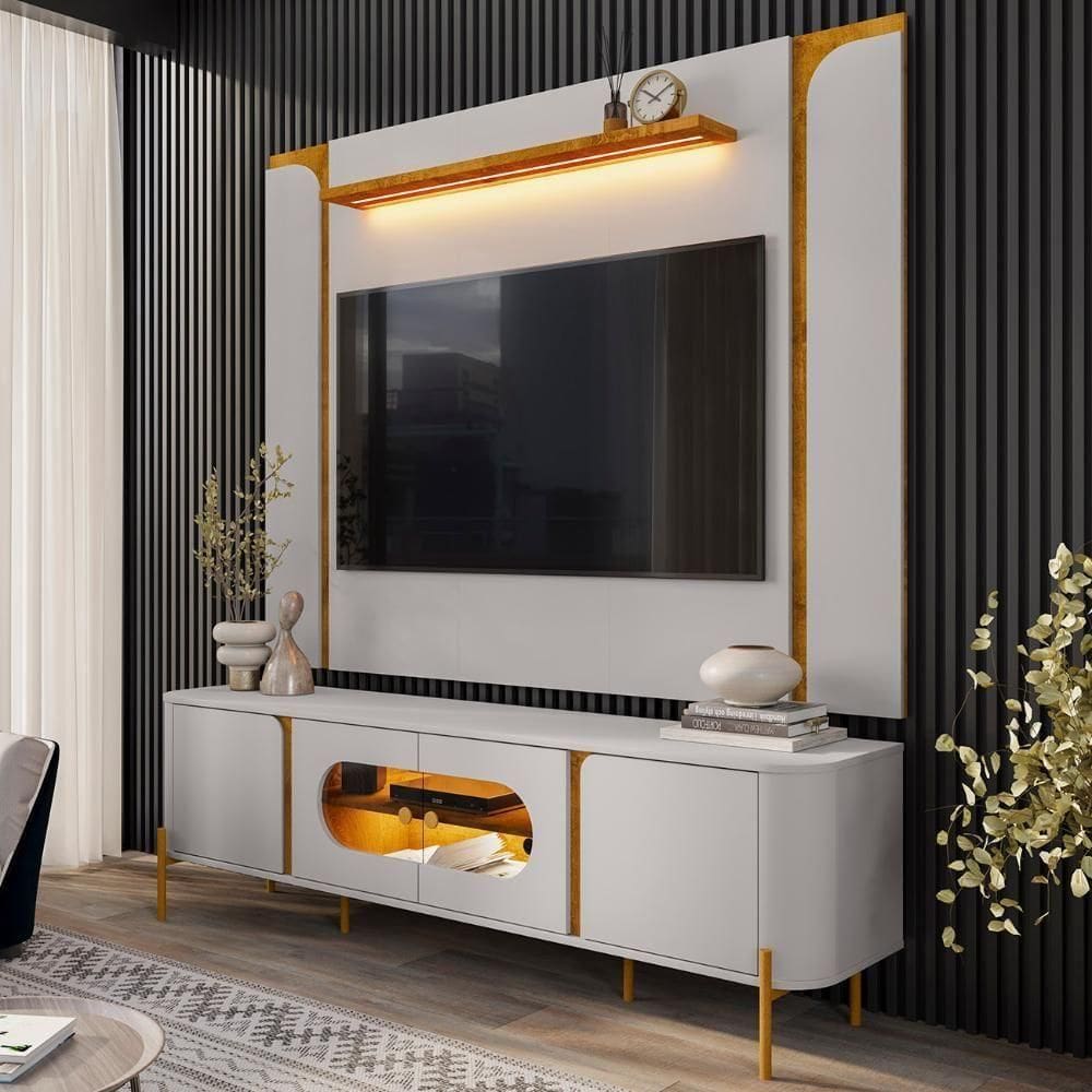 Painel TV 75 Polegadas Marina E Rack Com Led 180cm Ricky Off Naturalle B02 - Mpozenato