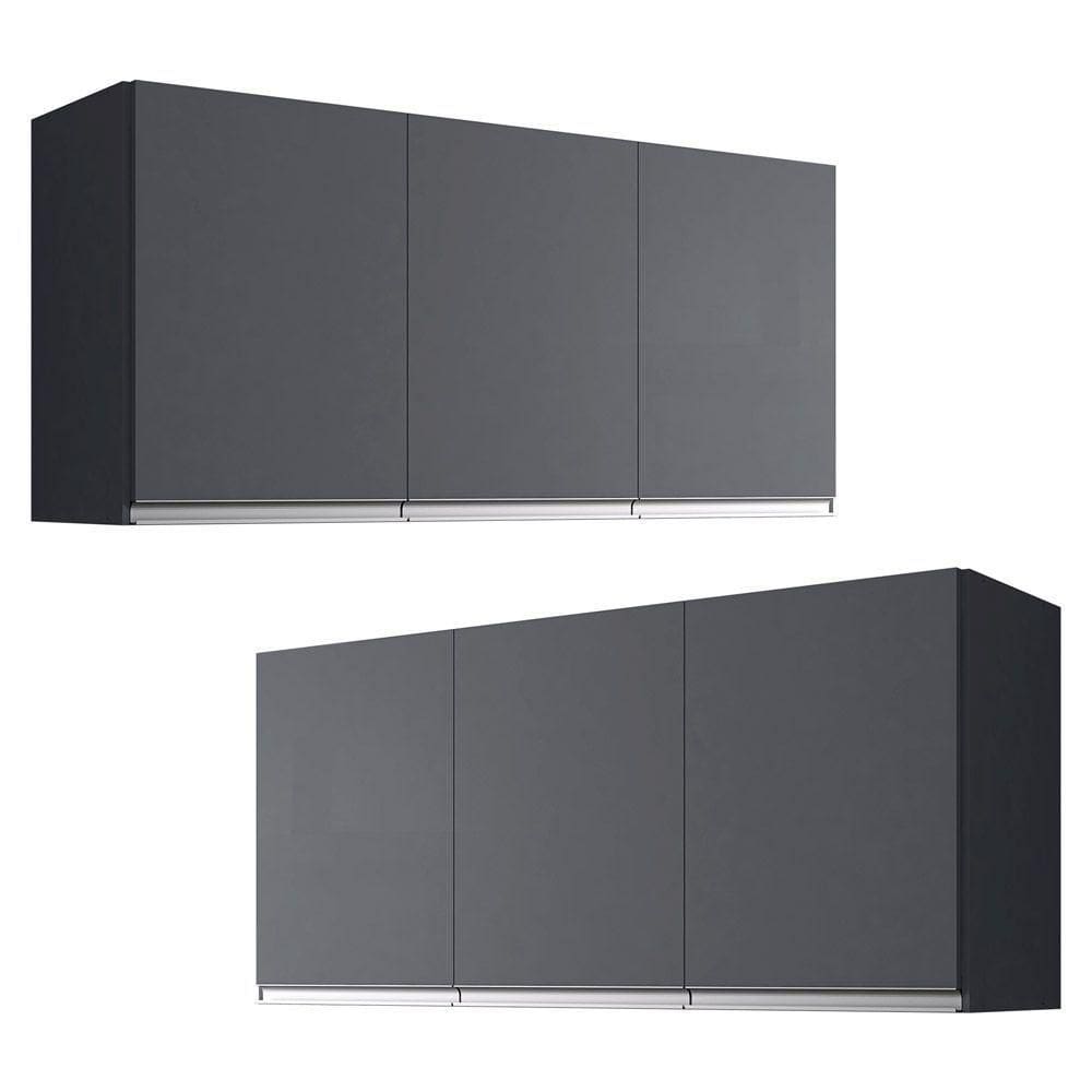 Kit 02 Armários De Cozinha Aéreo Andréia 120cm 3 Portas Cinza Escuro - Abmaza