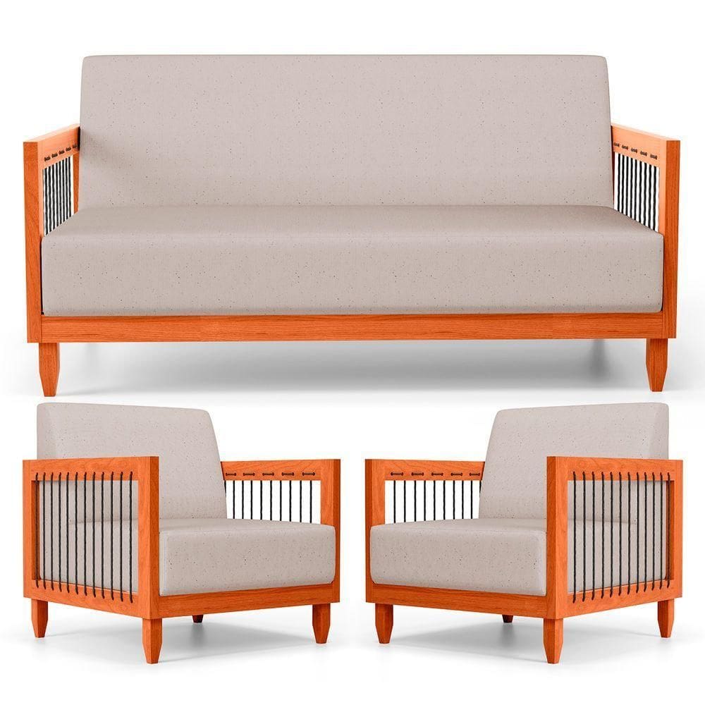 Kit 02 Poltronas E 01 Sofá Samoa Madeira Maciça Com Cordas Náutica Linho Rústico Areia - Abmaza