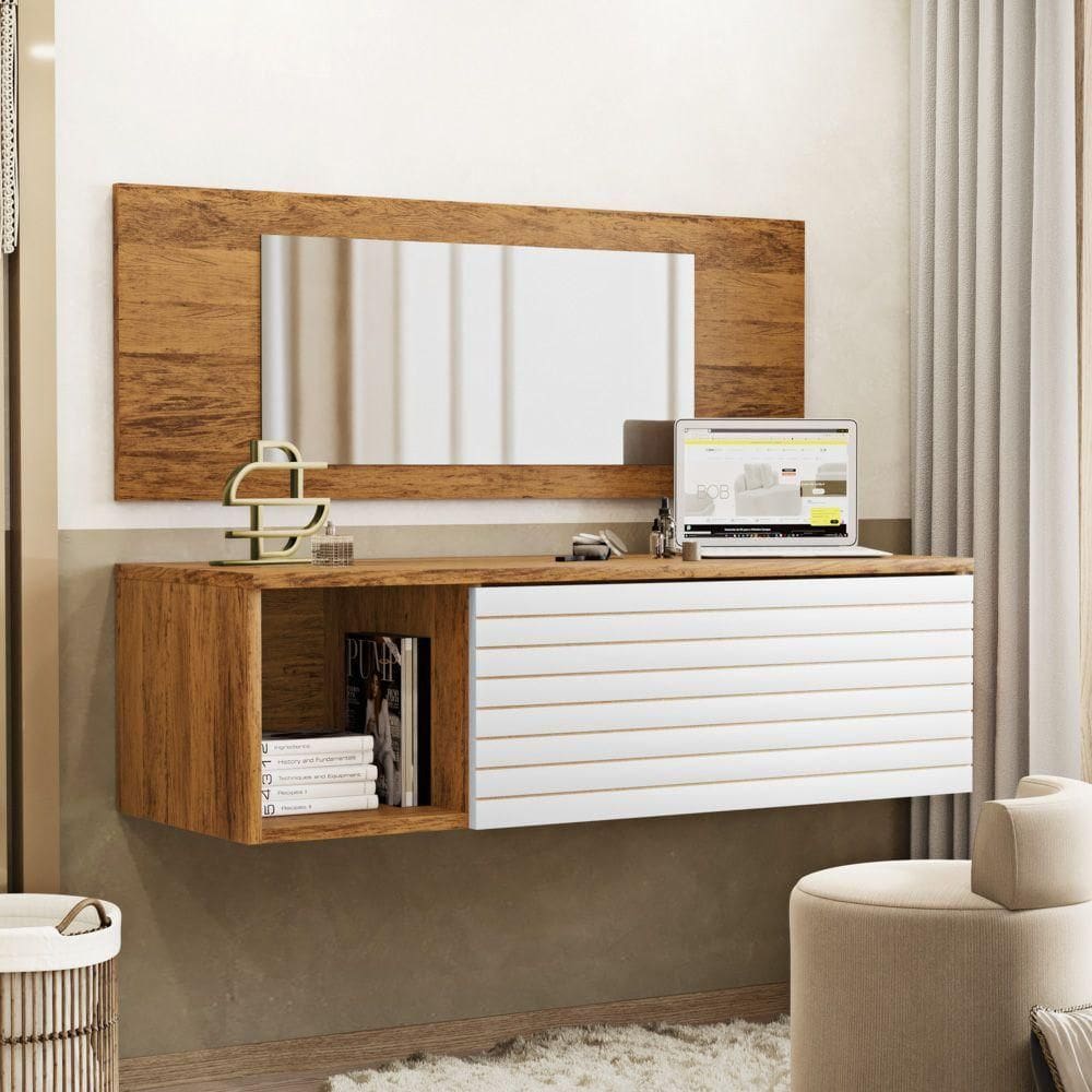 Penteadeira Para Maquiagem Jolly Com Bancada Suspensa 01 Gaveta E Espelho Nature Branco - Desk Design