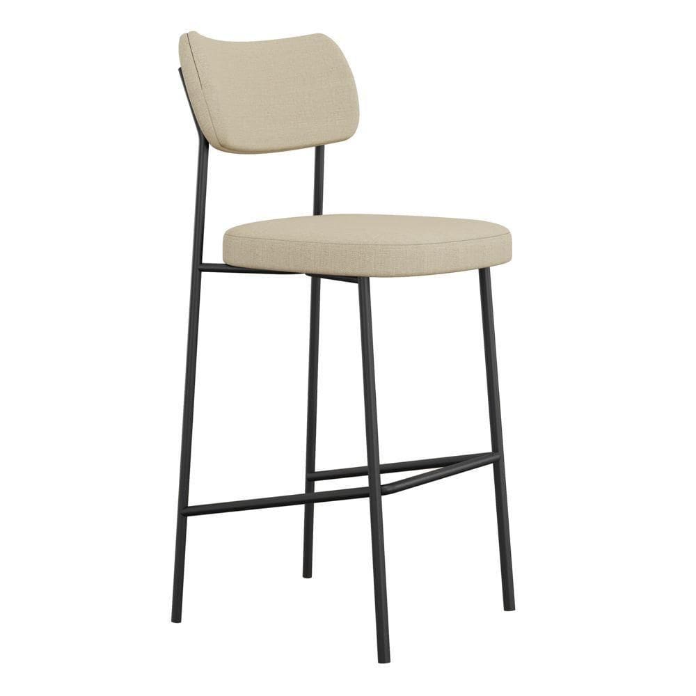 Banqueta Alta Para Cozinha Lila Estofada Com Encosto Linho Bege - Abmaza