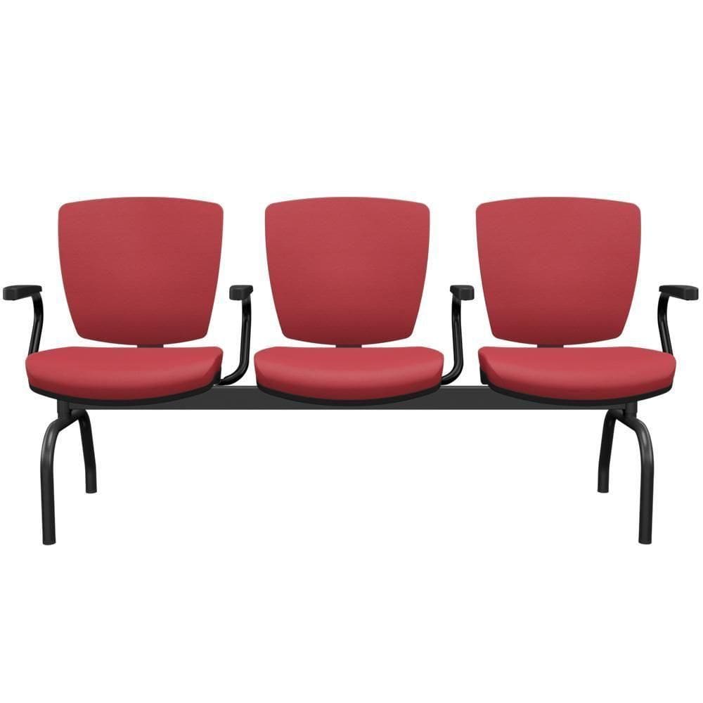Cadeira Longarina 3 Lugares Aeroporto Recepção Preto Baixa Flexi P03 Vinil Vermelho -Lyam