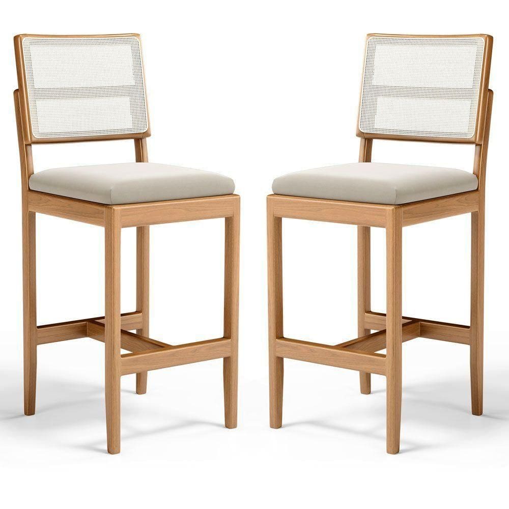 Kit Com 2 Banqueta Milena Madeira Maciça Assento Estofado Encosto De Tela Sintética Veludo Bege 102