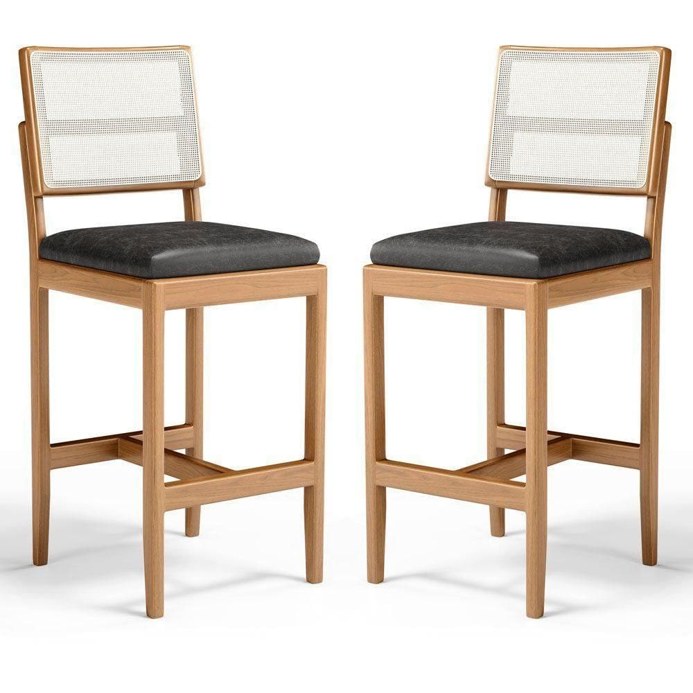 Kit Com 2 Banqueta Milena Madeira Maciça Assento Estofado Encosto De Tela Sintética Courino Preto 503