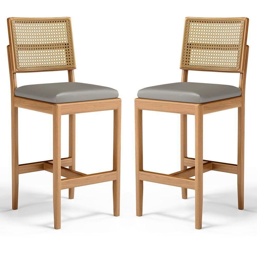 Kit Com 2 Banqueta Milena Madeira Maciça Assento Estofado Encosto De Tela Palha Sextavada Veludo Chumbo 109