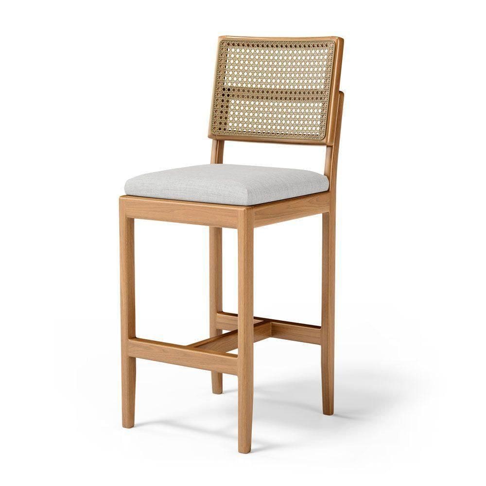 Banqueta Milena Madeira Maciça Assento Estofado Encosto De Tela Palha Sextavada Linho Cinza 407