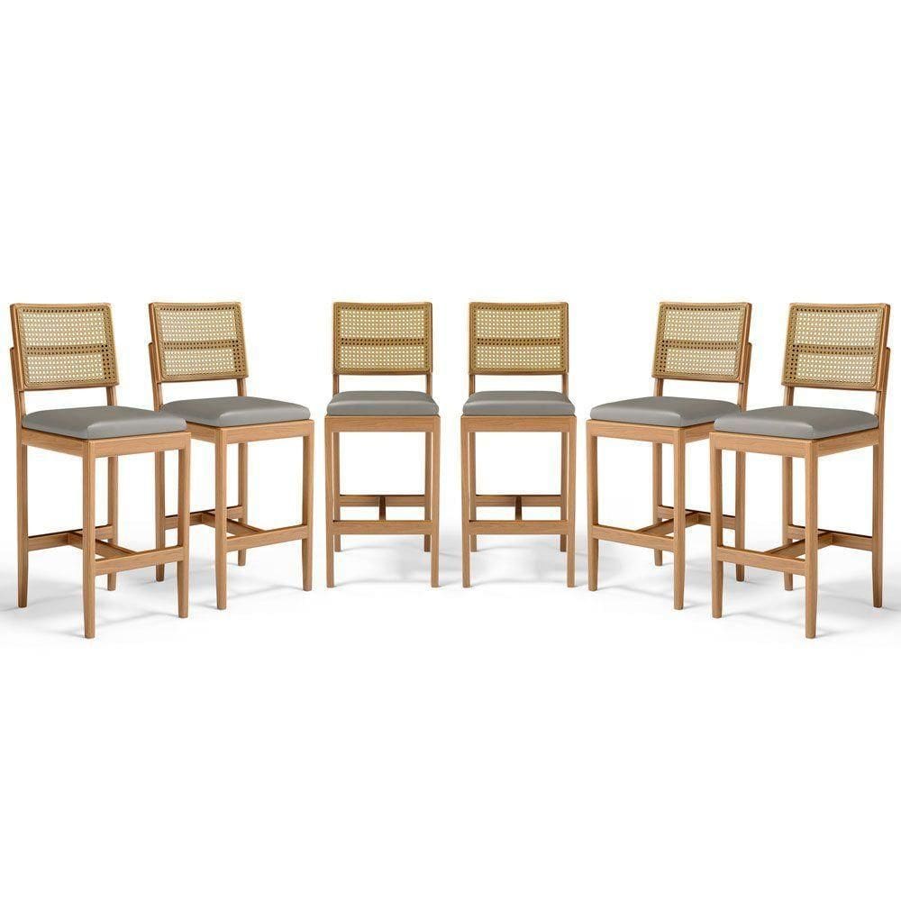 Kit Com 6 Banqueta Milena Madeira Maciça Assento Estofado Encosto De Tela Palha Sextavada Veludo Chumbo 109