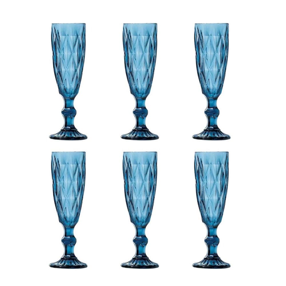 Conjunto 6 Taças de Champanhe Vidro Azul 20cm ZF0074 BTC