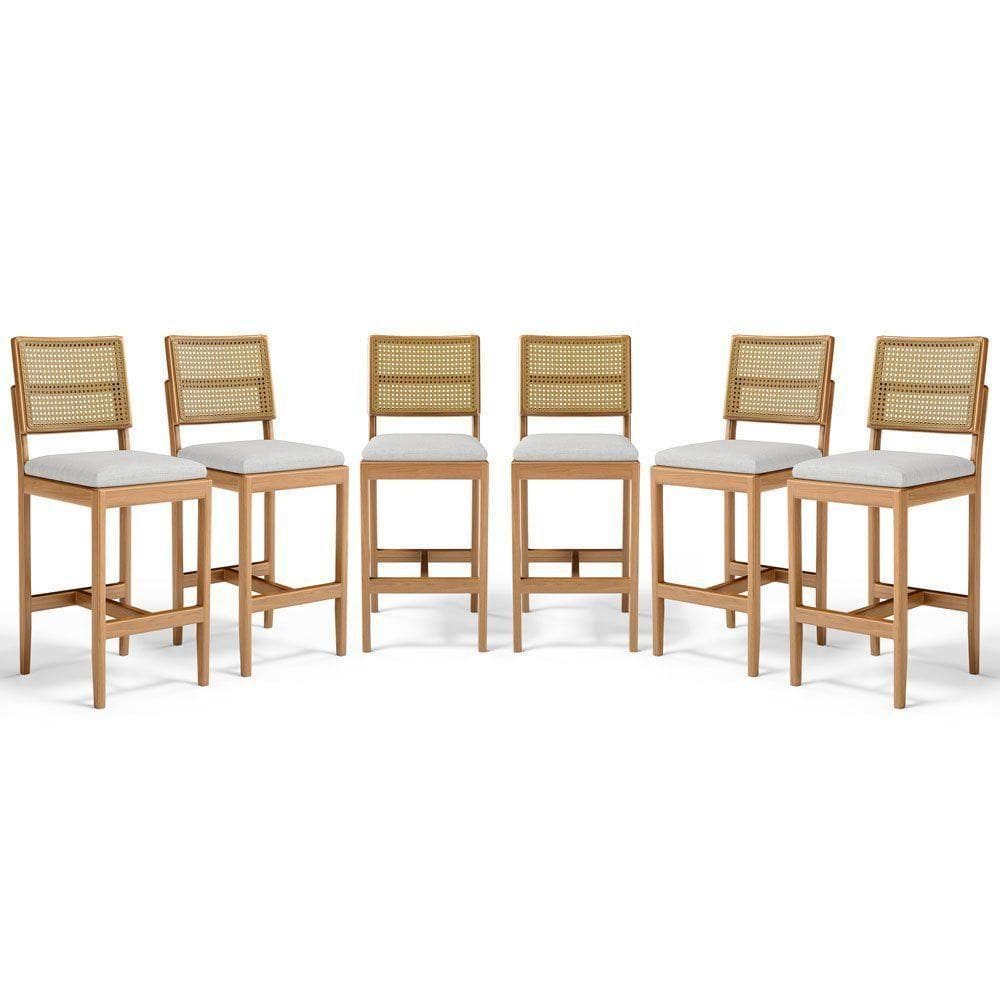 Kit Com 6 Banqueta Milena Madeira Maciça Assento Estofado Encosto De Tela Palha Sextavada Linho Cinza 407