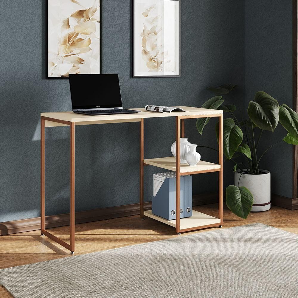 Mesa Escritório Berlim Industrial Com Prateleira Ferro Cobre Tampo 110x46 Off White