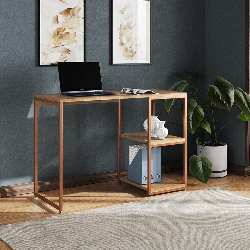 Mesa Escritório Berlim Industrial Com Prateleira Ferro Cobre Tampo 110x46 Freijó