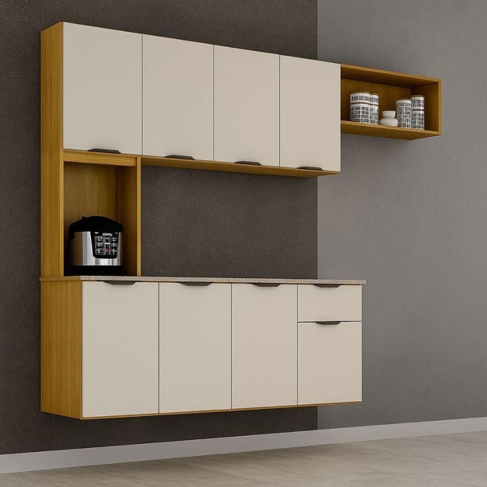 Armário De Cozinha Suspenso Completo Aéreo 8 Portas 1 Gaveta Mdp Compacto Espaço Off White