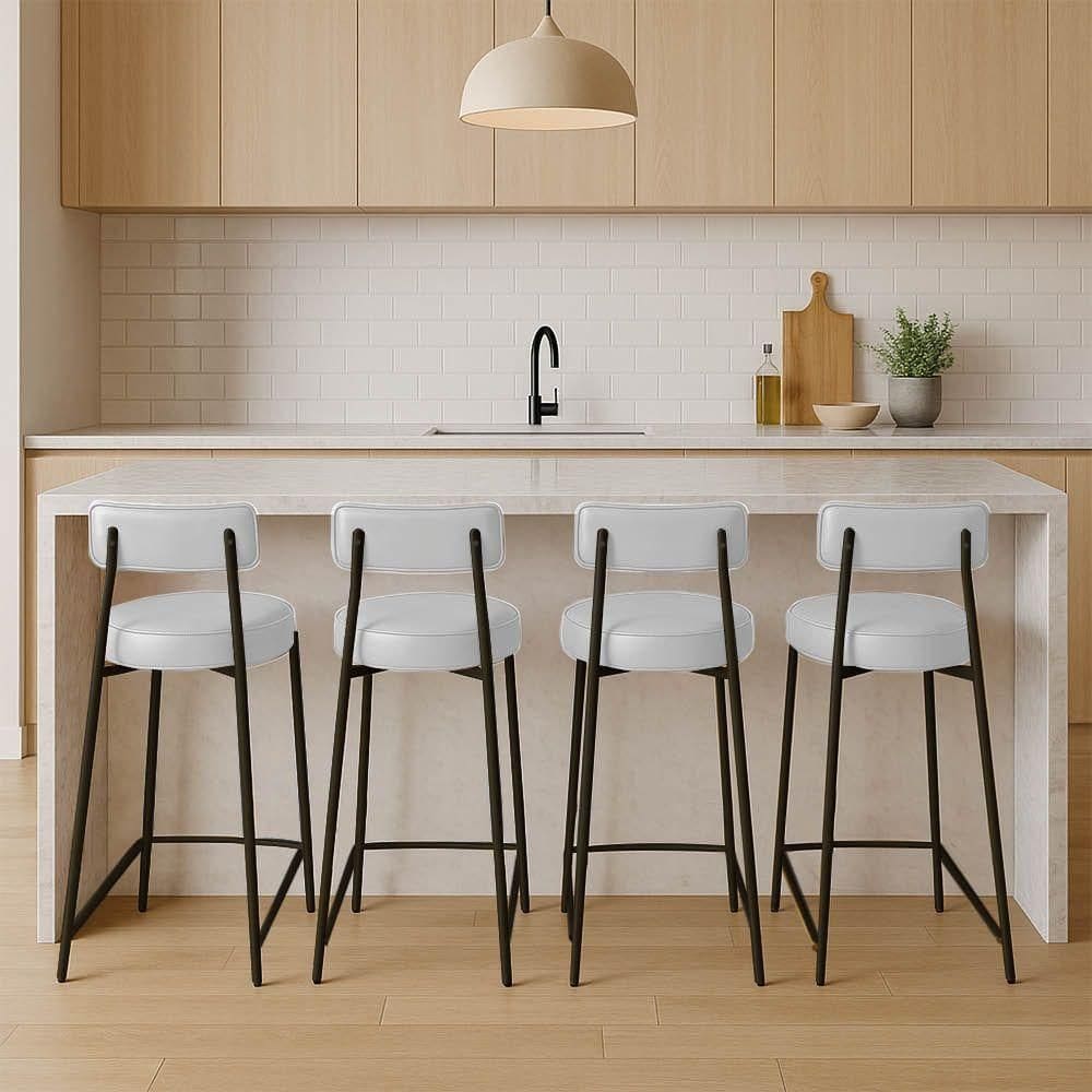 Banqueta Cozinha Alta Com Encosto Industrial Preto Kit 4 Londres Pu Branco D03 - D`rossi