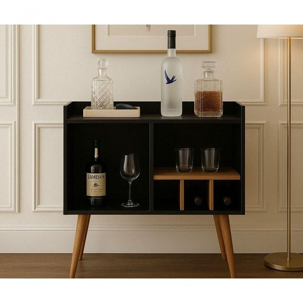 Aparador Moderno Com Adega Para Vinhos Porta Taças E Mini Bar Preto