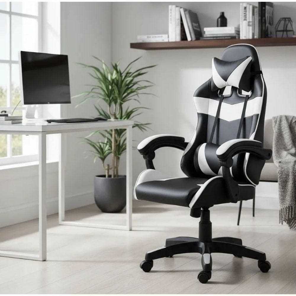 Cadeira Escritório Gamer Profissional Reclinável Ergonômica Preto E Branco Couro Sintético