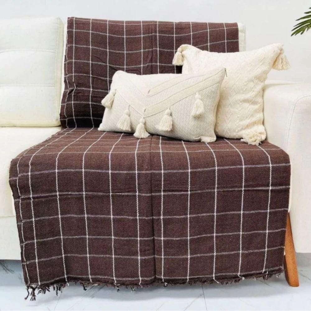 Manta Para Sofá Grande Gigante 2,40x1,80 Xadrez Capa Protetora Cama Sofa King 2 E 3 Lugares Marrom-branco