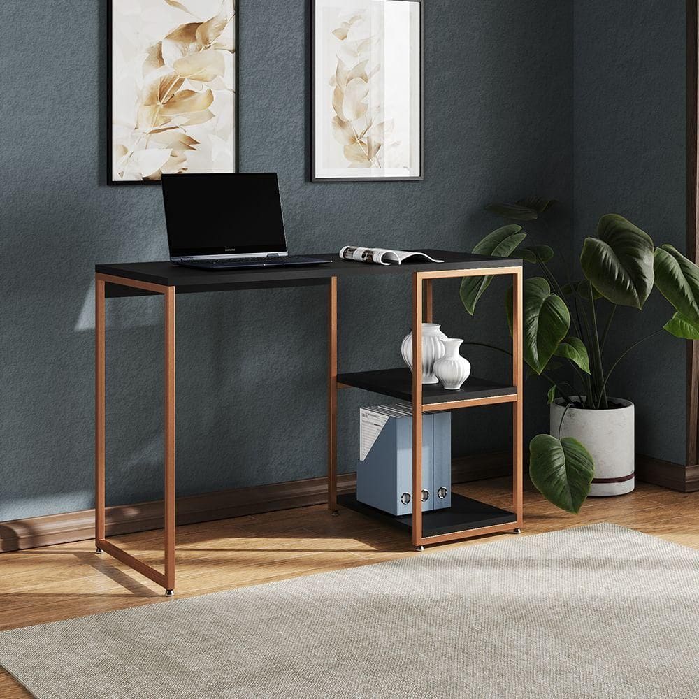 Mesa Escritório Berlim Industrial Com Prateleira Ferro Cobre Tampo 110x46 Preto