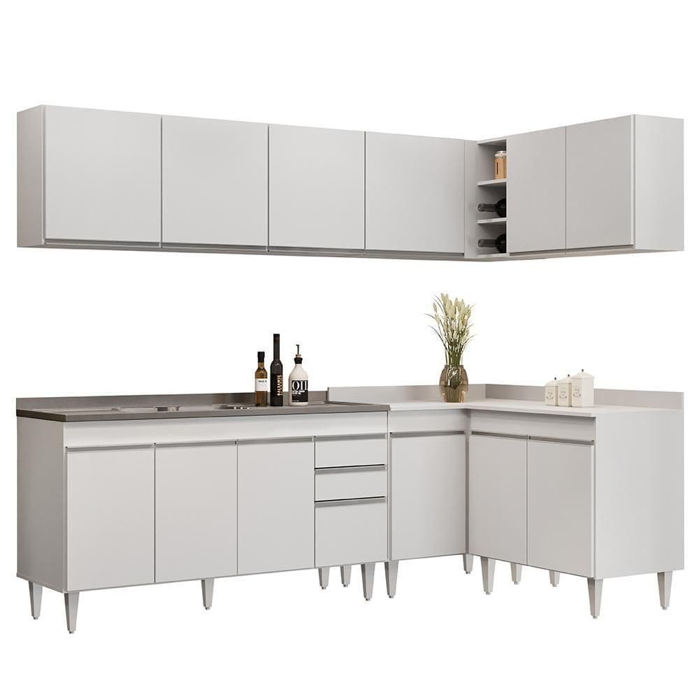 Armário De Cozinha Modulado De Canto 6 Peças Cp33 Com Pia Inox Branco - Lumil