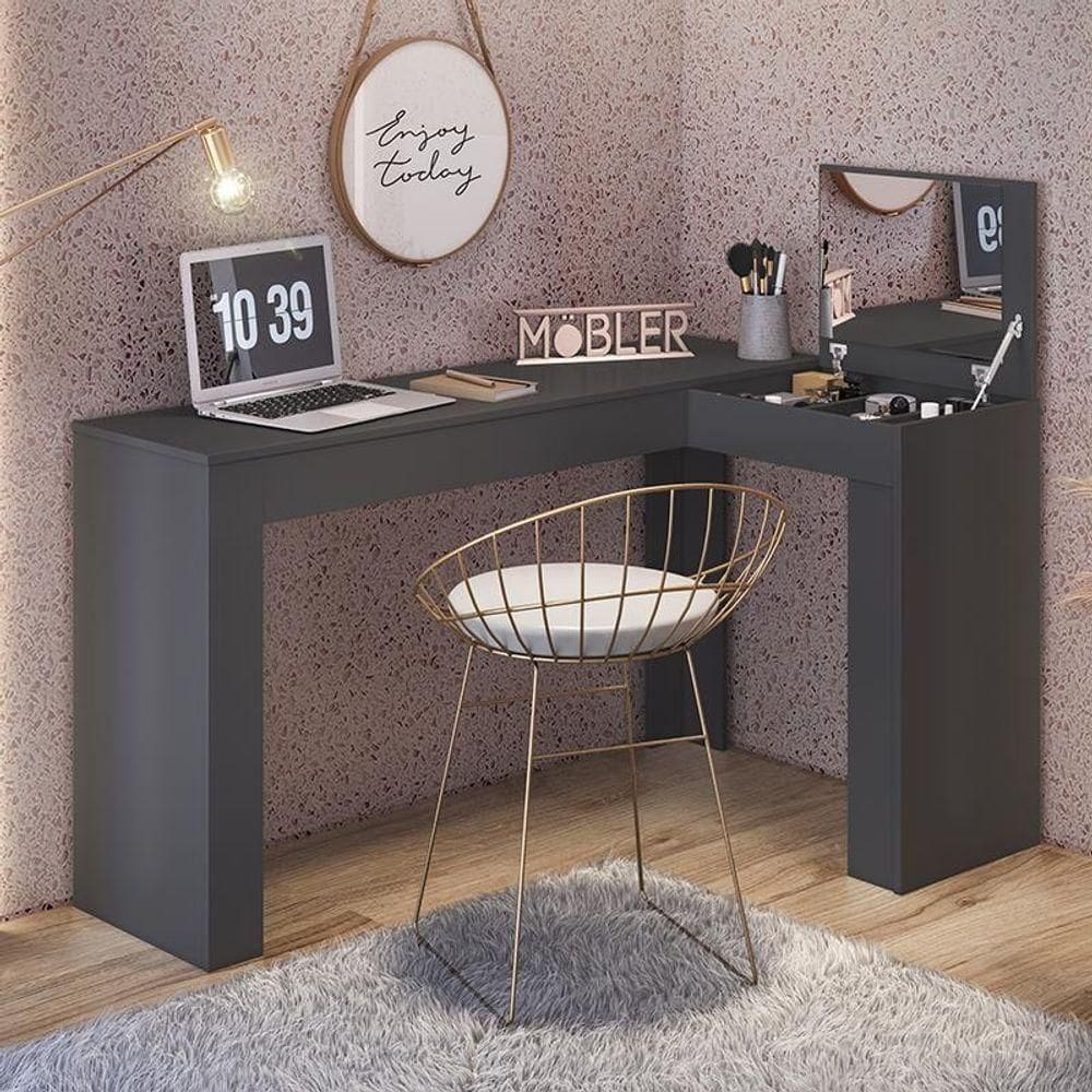 Escrivaninha De Canto Com Penteadeira Jade Com Nicho Organizador Esplho E Tampa Basculante 1,49m- Preto Fosco