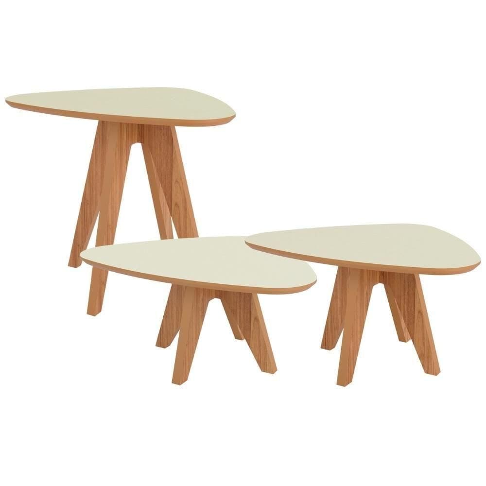 Kit 02 Mesas De Centro E 01 Mesa Lateral Orgânica Selly D03 Off White Freijó - Lyam Decor